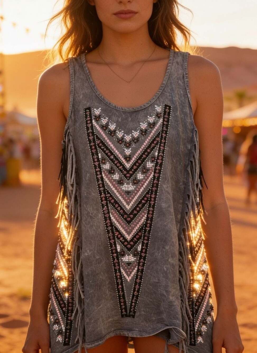 Vocal 100% Cotton Acid Wash Rhinestone Fringe Asymmetrical Boho Tank Top Style 1